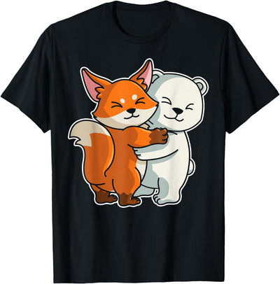Fox and Polar Bear Hug Animal Girls Women Kids Polar Bear and Fox Cute Animals for Women Animal Hugging T-Shirt