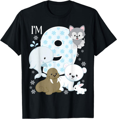 Arctic Animals Birthday Party Family Matching Bday Arctic Animals 9th Birthday Polar Bear Walrus Fox Sea Theme T-Shirt