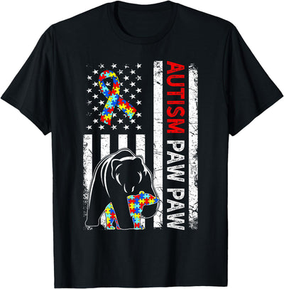 Distressed American Flag Autism Paw Bear Awareness T-Shirt