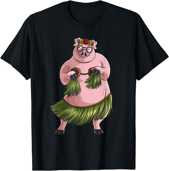 Cute Adult Women Animal Pun Hawaii Party Kids Art Cool Hawaiian Luau Pig | Funny Boar Lover Hula Dancing Gift T-Shirt - Black