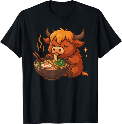 Highland Cow Eating Ramen Kawaii Anime Animals Higland Cow T-Shirt