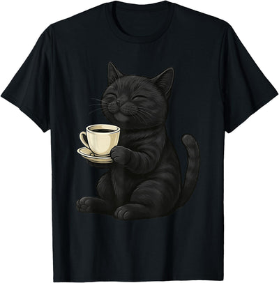 Cute Cat With Coffee Apparel Black Cat With Coffee Cute Cat Lover T-Shirt