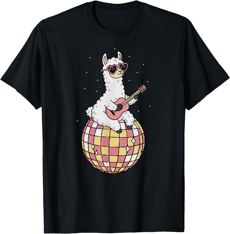 DiscoballAxis1 Funny Llama Disco Dancing Ball Groovy Retro 80s Costume T-Shirt - Black