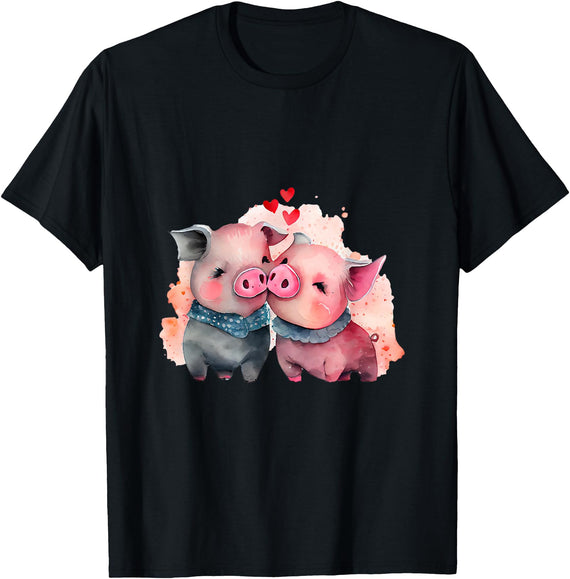 Unique Pig Lover Decor & Apparel Gifts Shop Two Loving Pigs In Love Heart Valentine's Day Pig T-Shirt - Black