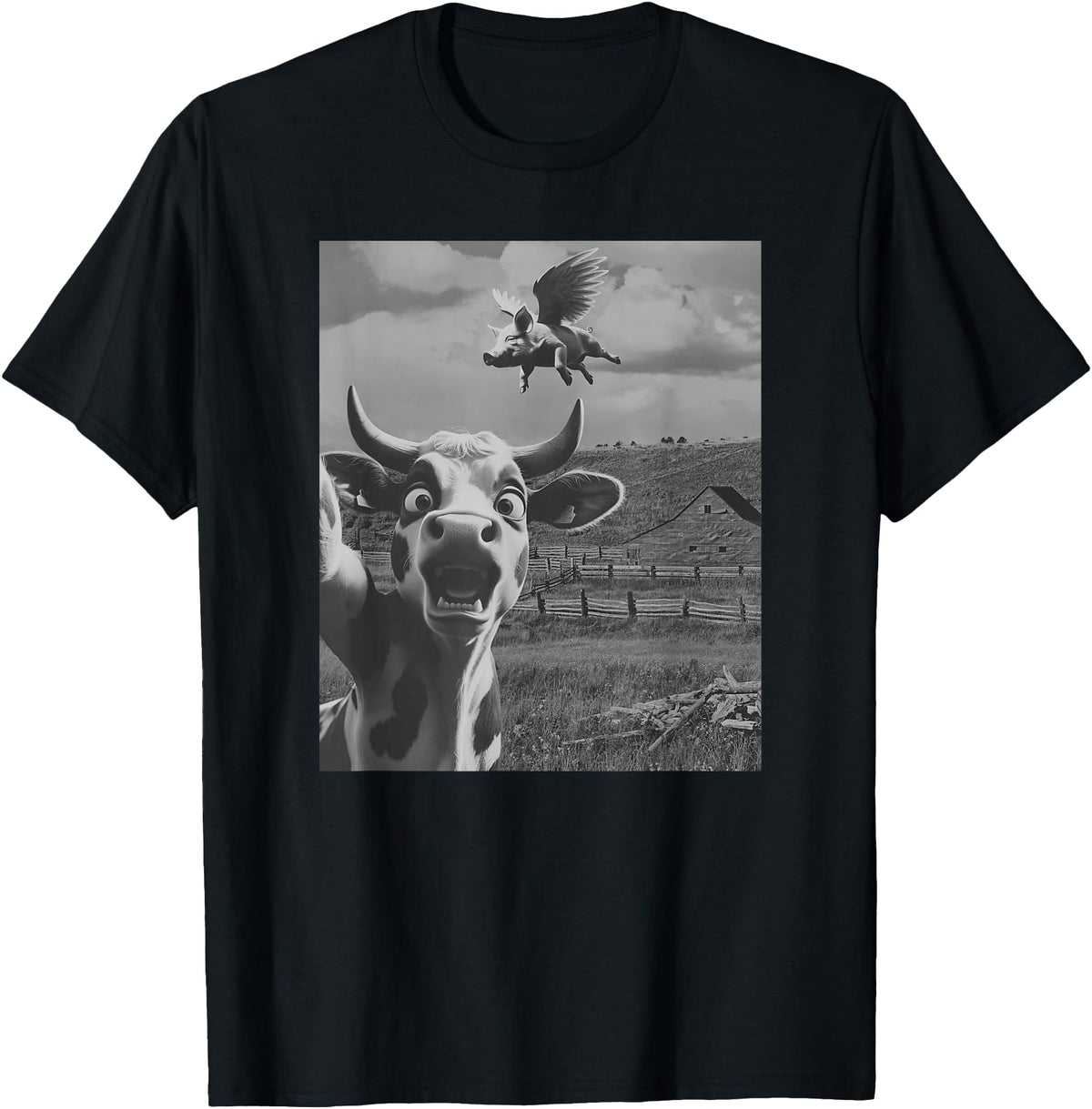 When Pigs Fly Pig Lover Designs Apparel Gifts Cow Selfie With Flying Pigs Fly Funny Gift for Men Women Kid T-Shirt - Black