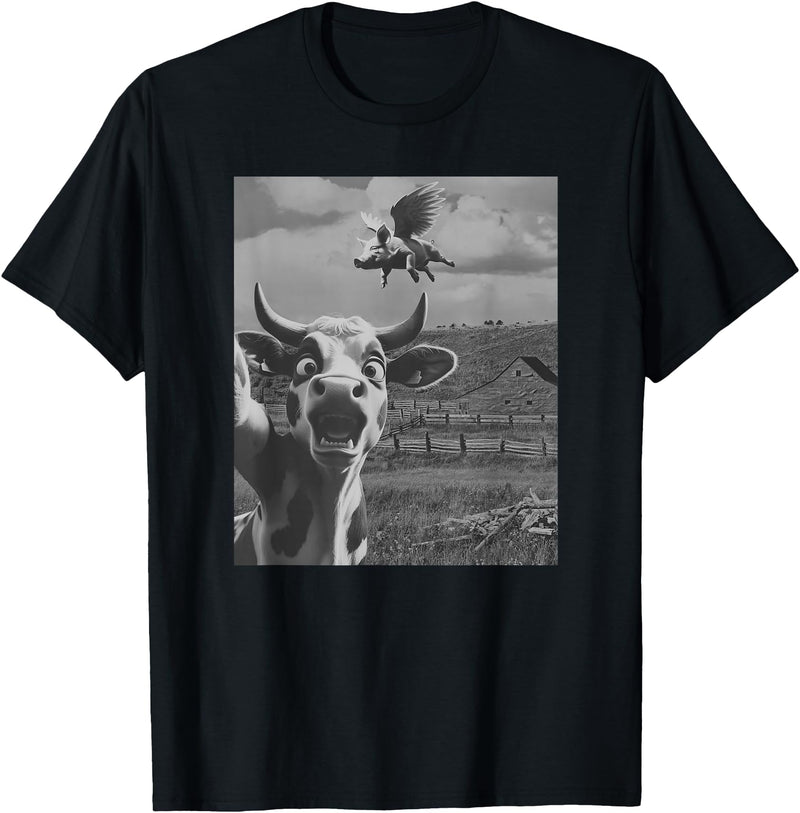 When Pigs Fly Pig Lover Designs Apparel Gifts Cow Selfie With Flying Pigs Fly Funny Gift for Men Women Kid T-Shirt - Black