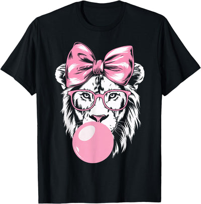 Lion Wearing Glasses and Blowing Pink Bubble Gum T-Shirt