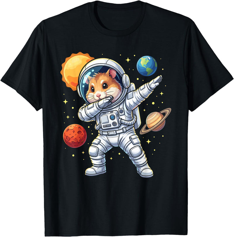 Hamster Astronaut Dabbing Funny Space Animal for Kids T-Shirt - Black