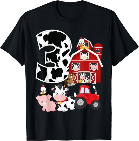 3 Birthday Farm 3 Years Old 3rd Bday Party Supply Farm Barnyard Theme Pig Cow Horse 3rd Birthday 3 Yrs Old T-Shirt - Black