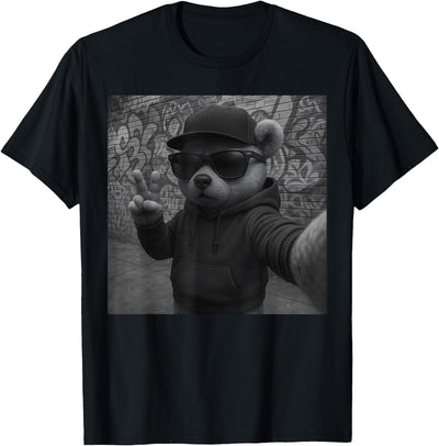 Hip Hop Teddy Bear Selfie Urban Streetwear Peace Sign Rap T-Shirt