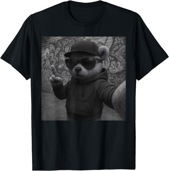 Teddy Bear Graphic Streetwear Hip Hop Men's Design Hip Hop Teddy Bear Selfie Urban Streetwear Peace Sign Rap T-Shirt - Black