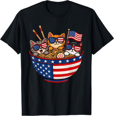 Patriotic USA Flag Cats 4th Of July Apparel Cats Ramen Anime American Flag Funny 4th of July Cat T-Shirt