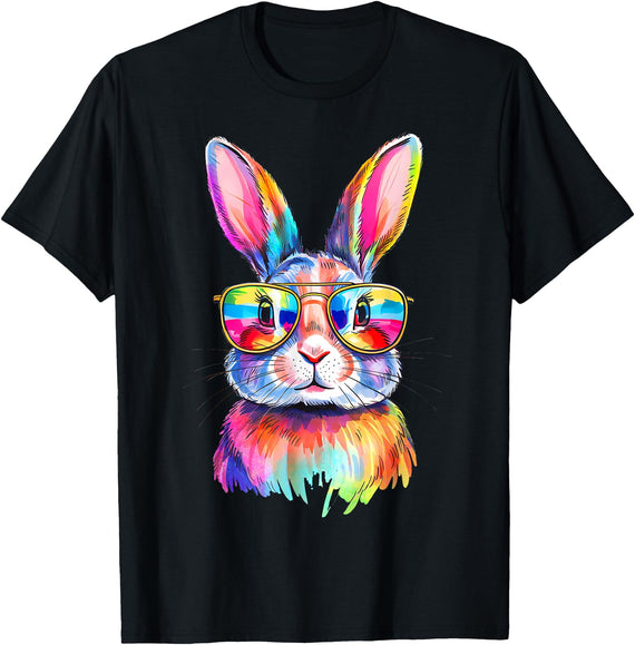 Funny Bunny Easter Rabbit Sunglasses Tie Dye Men Women Kids T-Shirt in Black