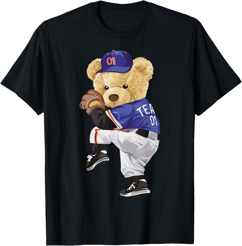 BERSLL Cute Teddy Bear Baseball Jug Sweatshirt T-Shirt - Black
