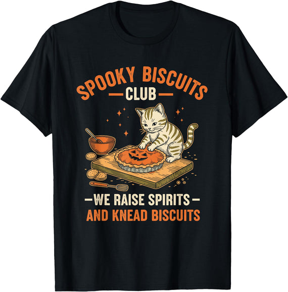 Funny Halloween Kitten Graphic Novelty Apparel Spooky Biscuits Club Funny Halloween Cat Baking T-Shirt - Black