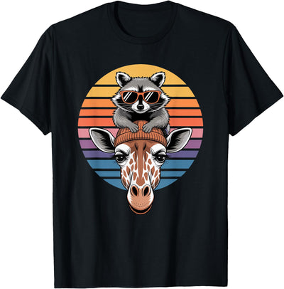 Retro Sunset Giraffe Raccoon Giraffes T-Shirt