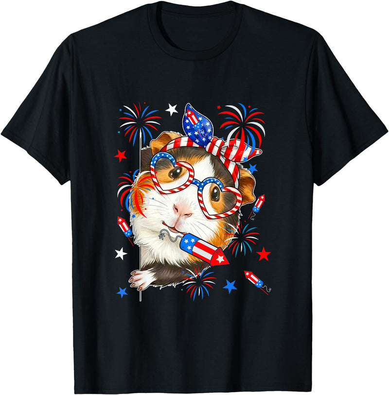 Rodent 4th Of July Costume Guinea Pig Sunglasses US Flag Bow Tie Fireworks 4th July T-Shirt - Black