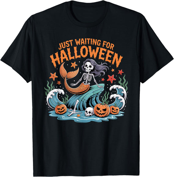 Spooky Mermaid Halloween Enthusiasts Just Waiting for Halloween Skeleton Mermaid T-Shirt - Black