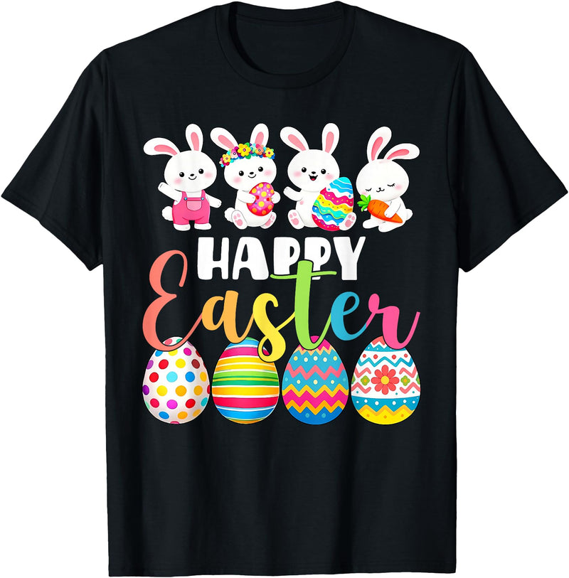 Happy Easter 2026 Cute Bunny Rabbit Easter Day Women Girls T-Shirt in Black