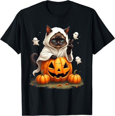 Pumpkin Ghost Boo Siamese Cat Pumpkin Boo Ghost Siamese Cat Halloween Costume T-Shirt for Men Women Kids