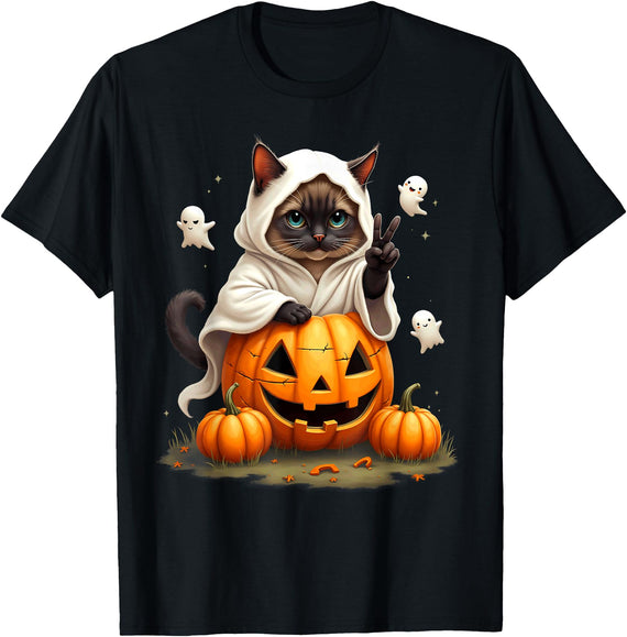 Pumpkin Ghost Boo Siamese Cat Pumpkin Boo Ghost Siamese Cat Halloween Costume T-Shirt for Men Women Kids - Black