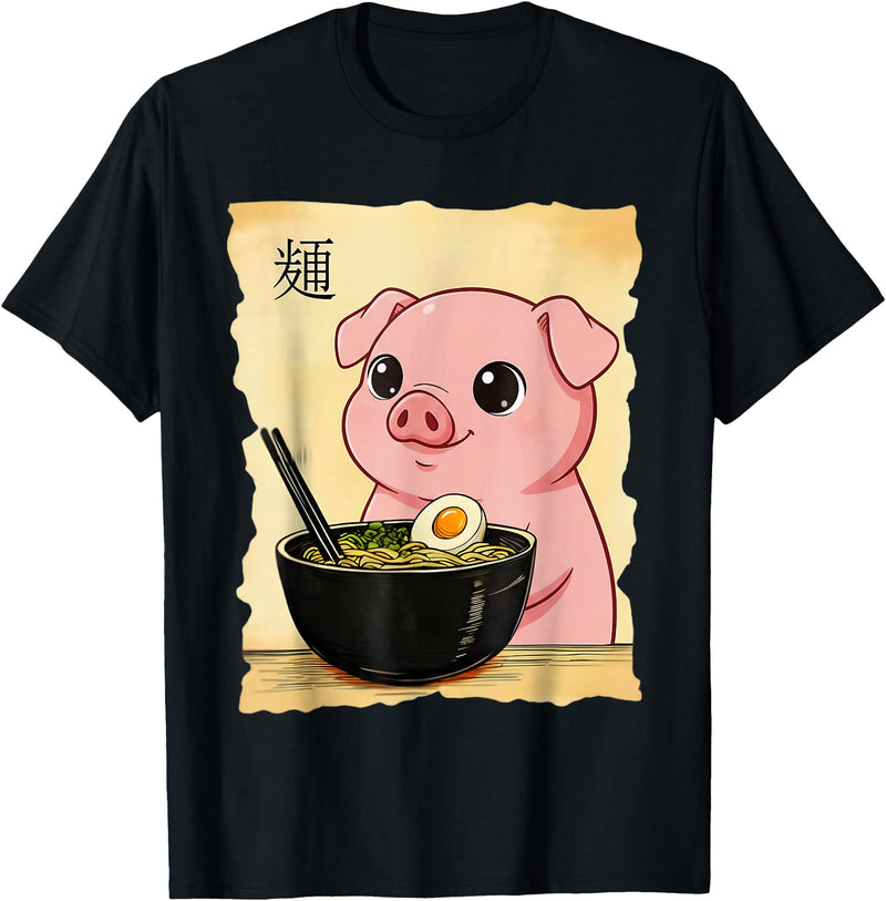 Funny Pig Anime Eating Ramen Pig Ramen Japanese Kawaii Anime Pig T-Shirt - Black