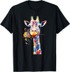 Colorful Floral Giraffe Rainbow Style Rainbow Giraffe with Flowers T-Shirt - Black