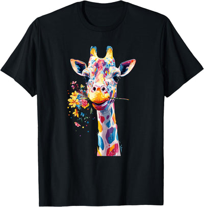 Rainbow Giraffe with Flowers T-Shirt
