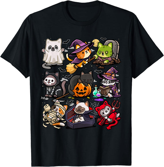 GoshWow Spooky Cats Halloween Creepy Kittens Ghost Vampire Zombie T-Shirt - Black