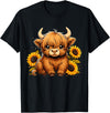 Cute Scottish Highland Cow Sunflower Highland Cow Farm T-Shirt - Black