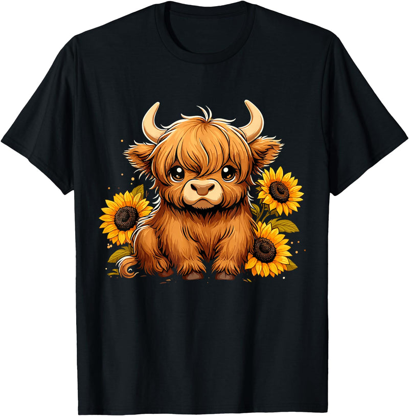 Cute Scottish Highland Cow Sunflower Highland Cow Farm T-Shirt - Black