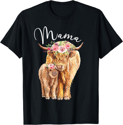 Highland Cow Mamas Mama with Baby Calf Floral Mothers Day T-Shirt