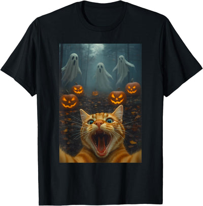 Spooky Halloween Cat Selfie Ghosts & Pumpkin Boo Spooky Halloween Funny Cat Selfie with Ghost Boo Pumpkin T-Shirt