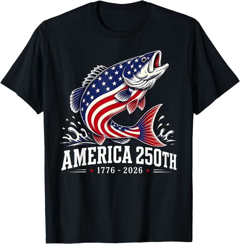 250 America Years 1776 2026 Fishing USA Flag Patriotic Leaping Salmon American Flag Fishing 4th of July T-Shirt - Black