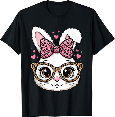 Cute Bunny Face Leopard Bow and Glasses T-Shirt