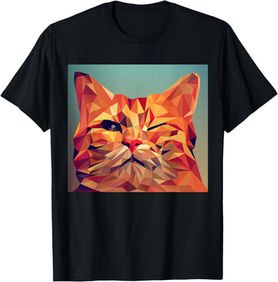 Weird Cats Art Winking Orange Cat Lover Feline Abstract Digital Poly Art T-Shirt