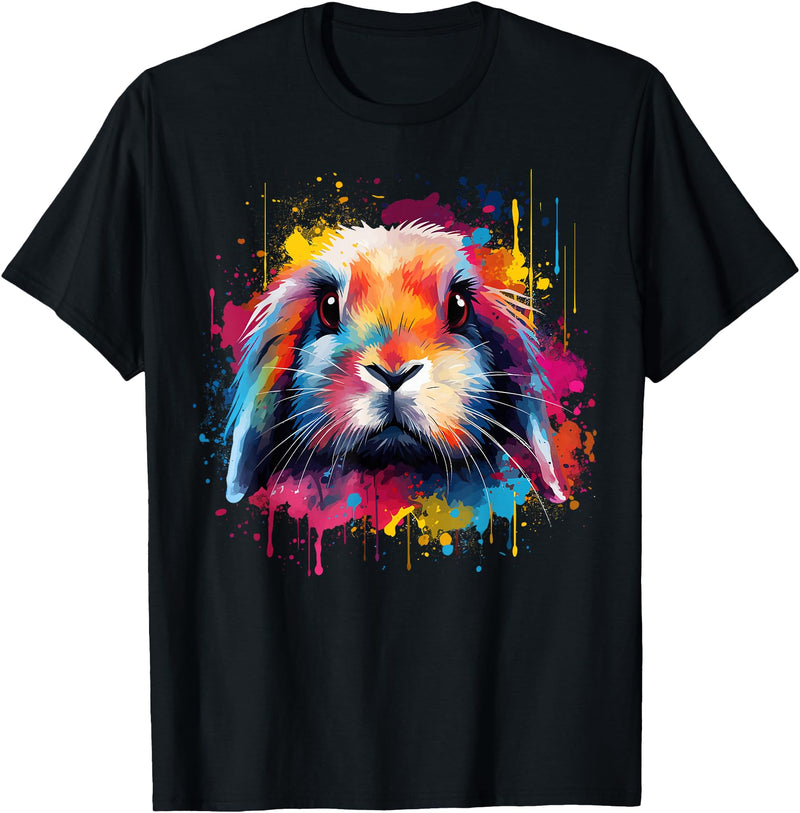 Cute Holland Lop Rabbit Lover Colorful Splash Art T-Shirt in Black