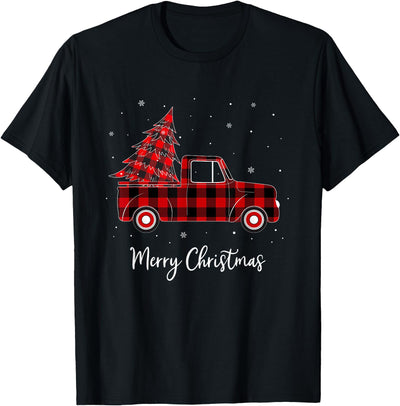 Cow Merry Christmas Buffalo Red Plaid Truck Tree T-Shirt