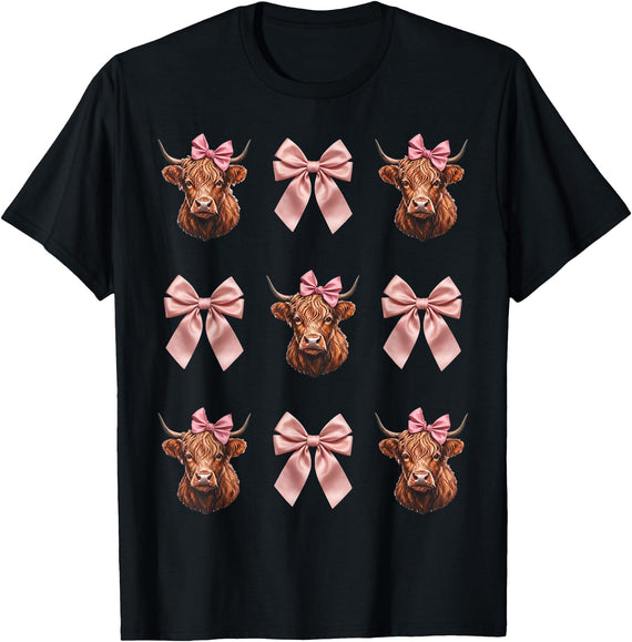 Cow Farming Animals Western Cow Cattle Rancher Farm Farmer Scottish Coquette Bow Ribbon Highland Cows T-Shirt - Black