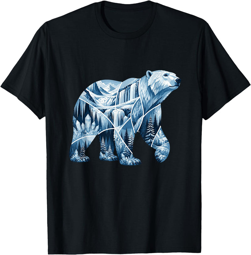 Arctic Polar Bear Mountain Waterfall Nature Arctic Polar Bear Forest Waterfall Landscape T-Shirt - Black