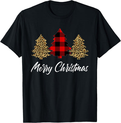 Merry Christmas Leopard Buffalo Plaid Christmas Tree Xmas T-Shirt