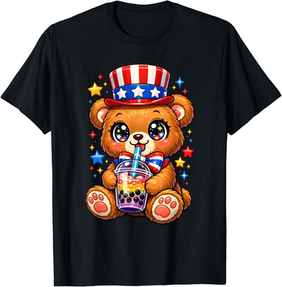 Cute Teddy Bear Patriotic 4th July Gift Bubble Boba Tea USA T-Shirt