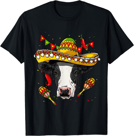 Wowsome! Cinco de Mayo Cow Mexican Lover Sombrero Cow T-Shirt - Black