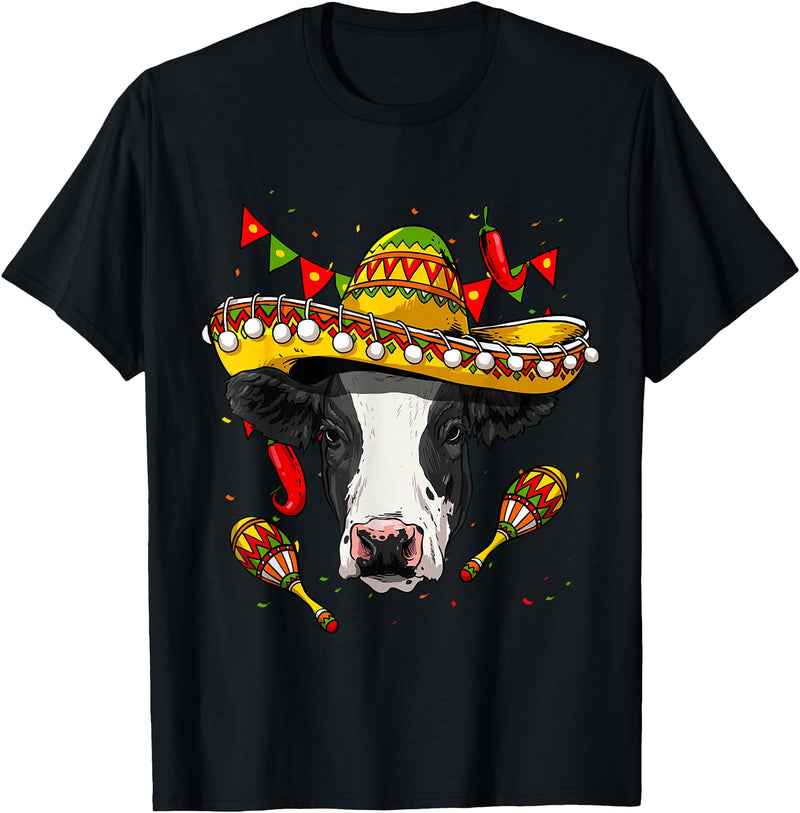 Wowsome! Cinco de Mayo Cow Mexican Lover Sombrero Cow T-Shirt - Black