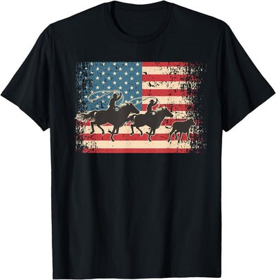 Rodeo Western Horse Team Roping Rodeo Horse Cowboy American USA Flag T-Shirt