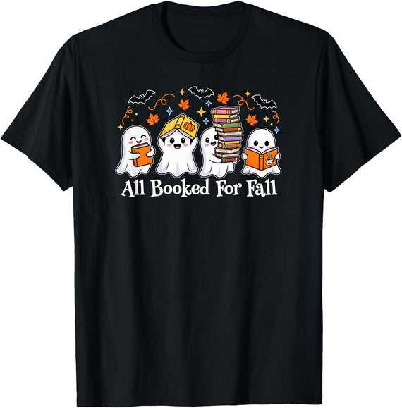 Educator's Costume and Funny Reading Co. All Booked for Fall Halloween Ghost Humor Book Lover's T-Shirt - Black