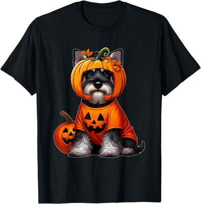 Dog Thanksgiving Costume Schnauzer Cosplay Horror Carved Pumpkin Halloween Owner Kids T-Shirt
