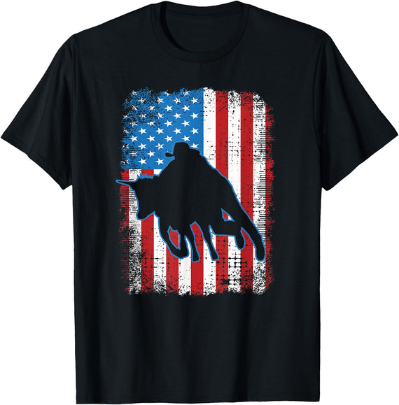 Horse Lovers T-Shirts Gifts Clothing & Equipment Steer Wrestling USA Flag Roping Rodeo Event Chute Dogging T-Shirt - Black