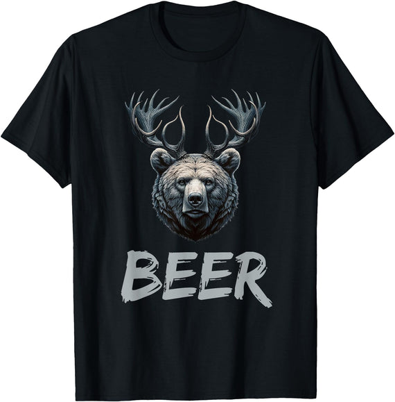 Bear With Antlers Drinker Party Deer Beer Beer Bear Deer Grizzly Bear With Antlers Beer T-Shirt - Black