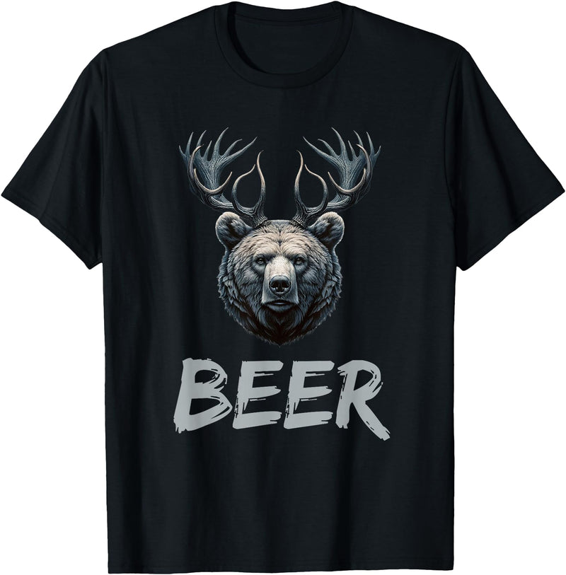Bear With Antlers Drinker Party Deer Beer Beer Bear Deer Grizzly Bear With Antlers Beer T-Shirt - Black